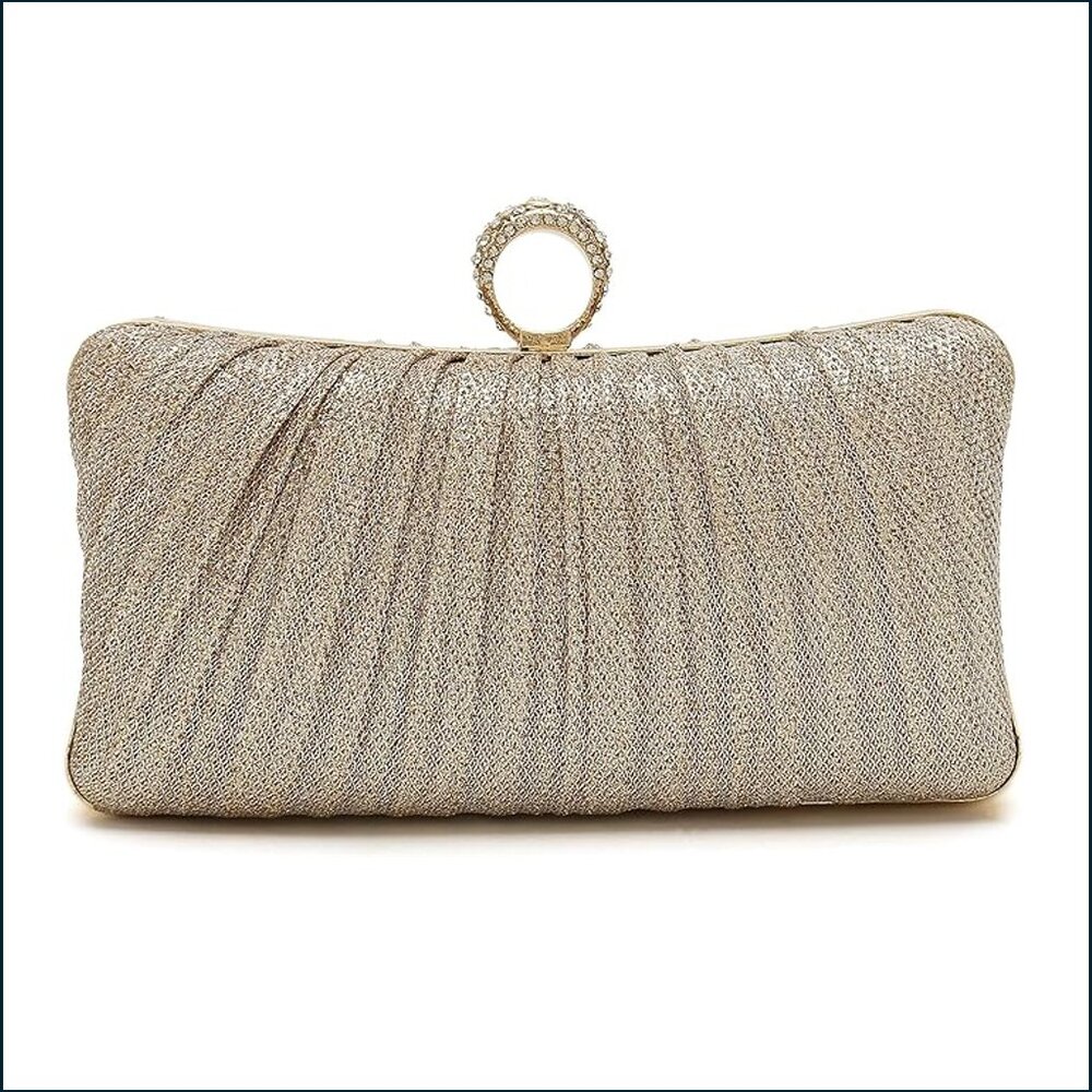 Formal Clutch Handbag - Champagne / gold / crystal studded w/ optional strap